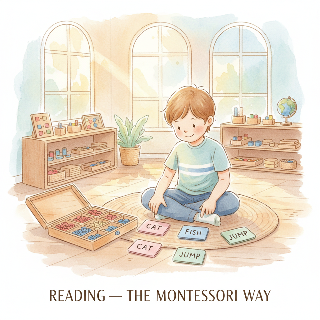 Montessori child learning to read with phonetic materials