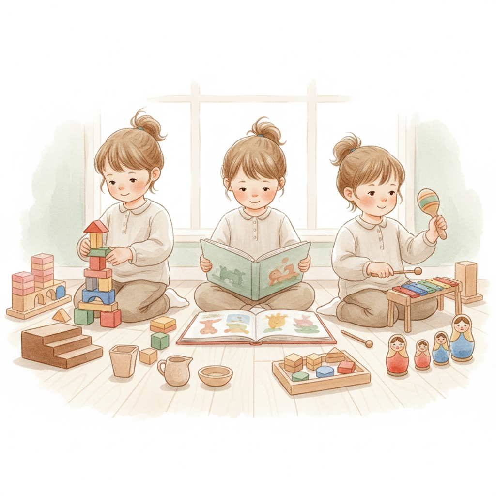 A child joyfully absorbed in varied Montessori activities — stacking blocks, reading, and making music